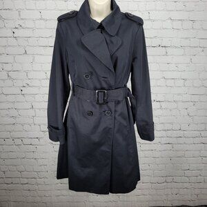 London Fog Black Double Breasted Buttoned Belted Pleated Long Trench Coat 6